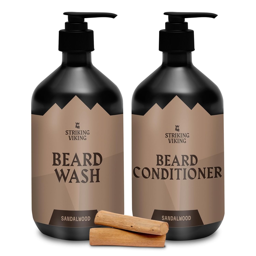 Striking Viking Beard Care Set (Sandalwood) - Paraben & Sulfate Vaba šampoon Jojoba Oil - Deep Clean kõigile habemetüüpidele (10oz per pudel)