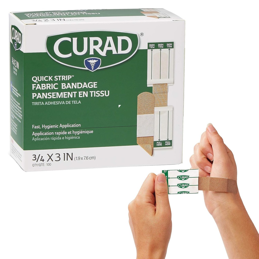 CURAD Quick Strip Fabric Adhesive Sterile Bands kiire rakendusega, 3/4 " x 3", Karp 100