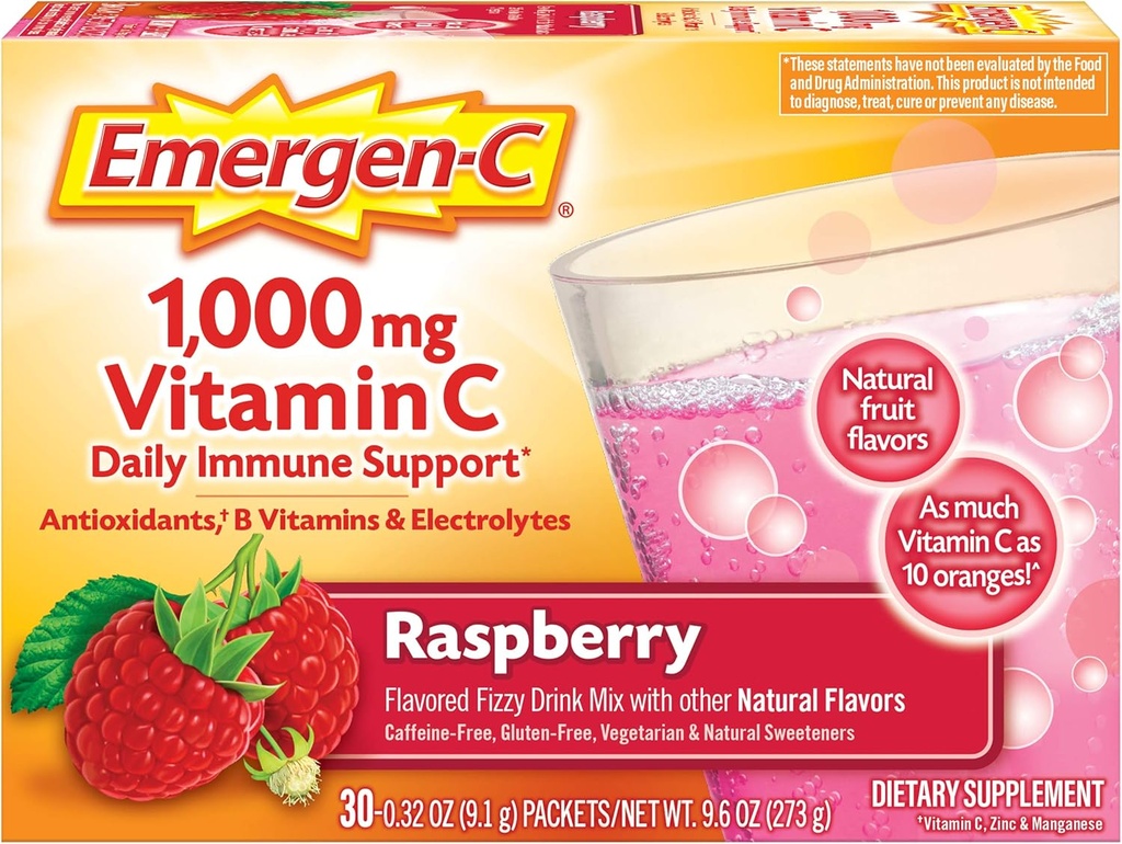Emergen-C (30 krahv, vaarikamaitse, 1 kuu pakkumine) toidulisand Fizzy joogisegu 1000mg C-vitamiiniga, 0,32 Ounce Packes, kofeiin tasuta