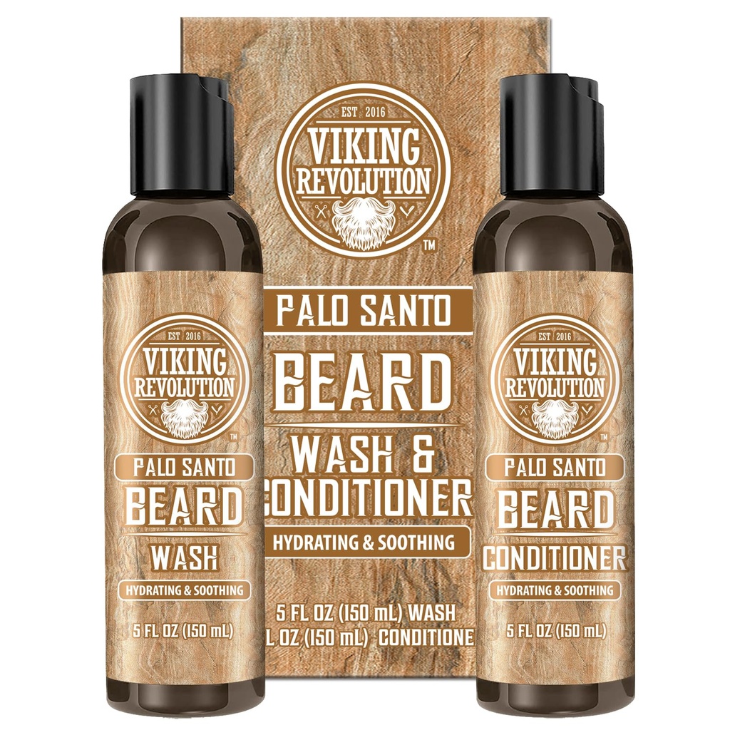 Viking Revolution Beard Wash and Beard Conditioner for Men with Argan Oil and Jojoba Oil - Beard Softener and Stronger Bear Care Beard Shampoo and Conditioner with Ginseng Juur (5oz, Palo Santo)