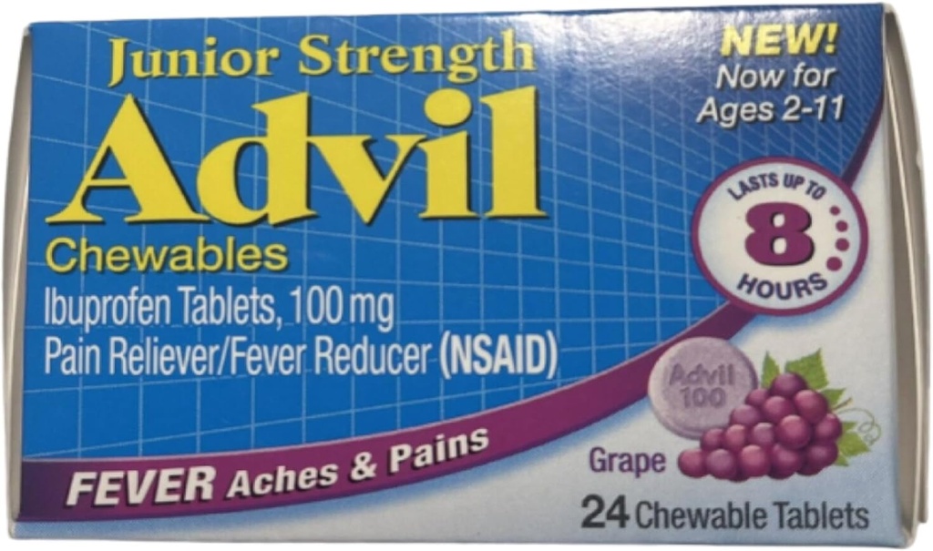 Advil Junior närimistable Ibuprofen tabletid, viinamarjad 100mg, 24 tabletti iga (pakk 4)