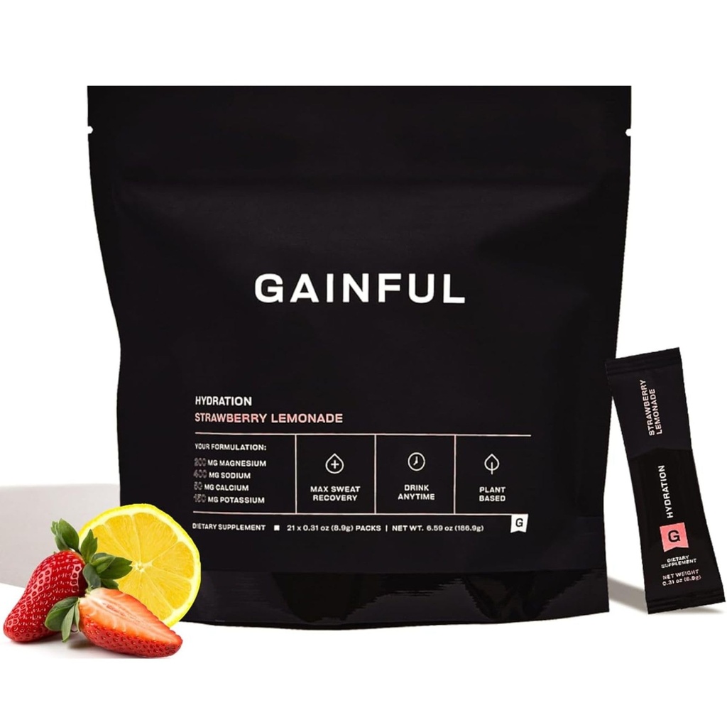 Gainful Hydration Powder Packs, kofeiinivaba võtme elektrolüütidega Magneesium ja naatrium, energiatoetus, madal suhkur, maasikas Lemonade, 21 Stics