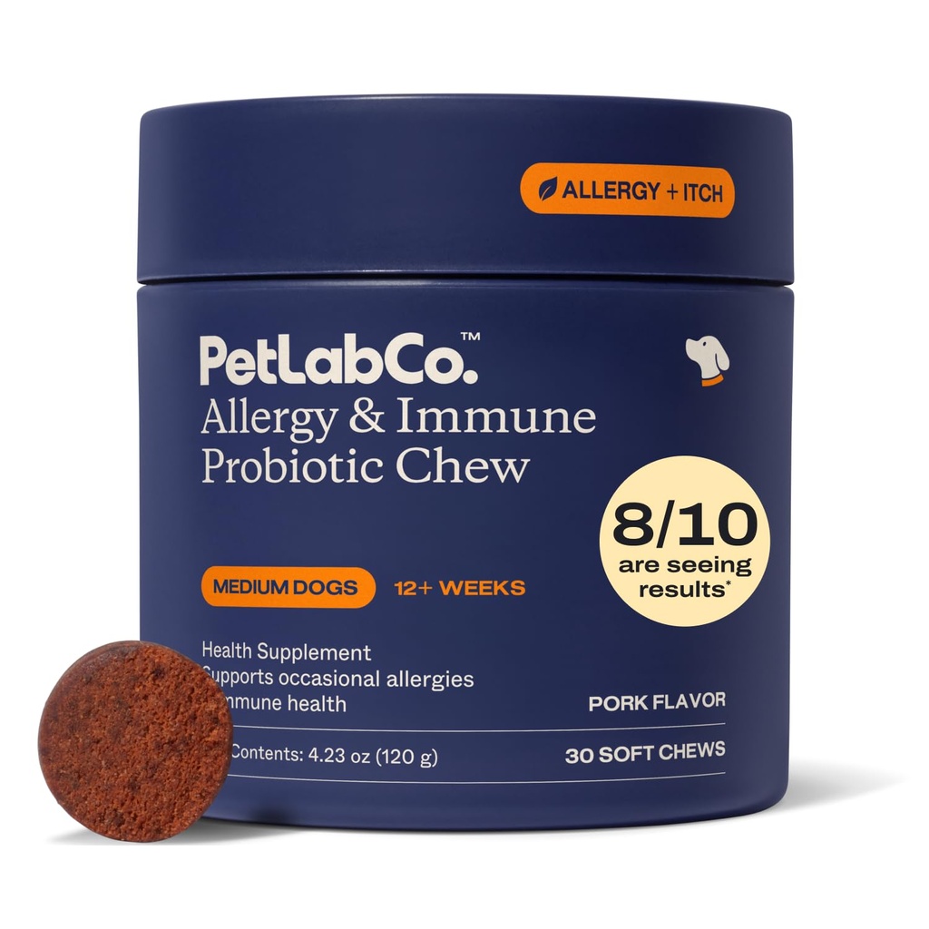 PetLab Co. Allergy & Immune Daily Probiootikumid koertele. Toetab pärmseente tootmist, hooajalisi allergiaid, vahelduva sügeluse, soolestiku ja seedetrakti tervist keskmise suurusega koertele, pakend võib varieeruda