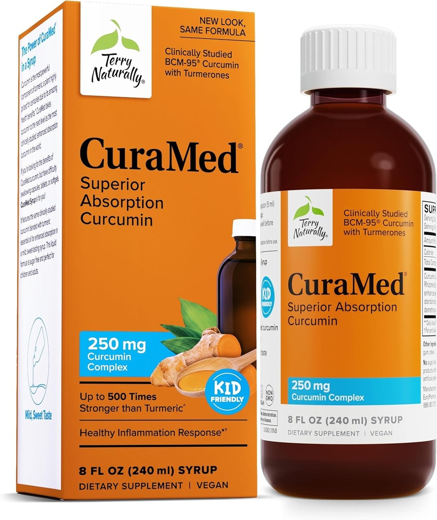 Terry Naturally CuraMed Syrup - Brain & Immun Health Support Supplement - Kurkumiini imendumisvalem kurkumi eeterliku õliga - Gluteenivaba & Vegan Supplement - 8 fl oz