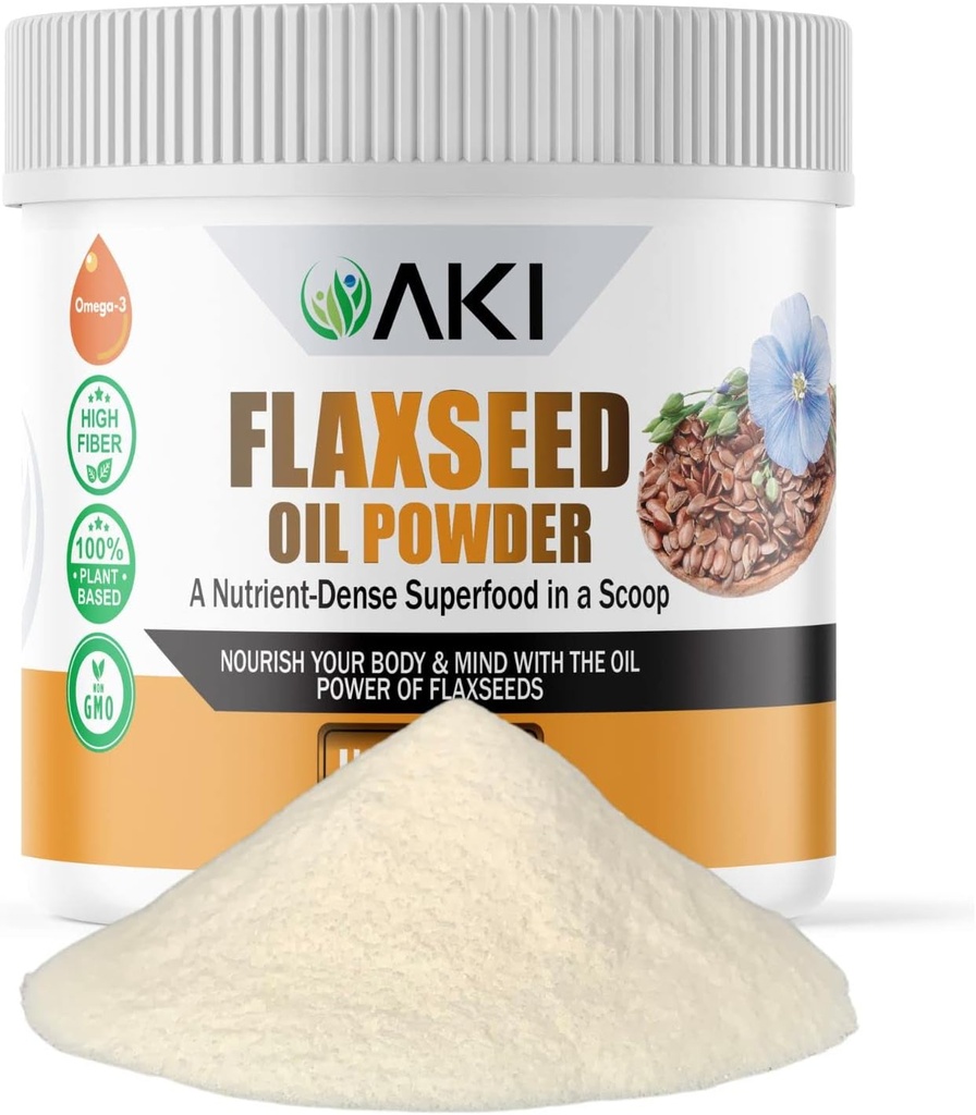 AKI Flaxseed Oil Powder - Packed with Essential Nutrients Like Omega-3 Fatty acids, Fiber, & Lignans - Free from Artificial Additives, Made with Ideal Quality Ingredients (5.30oz/150g)