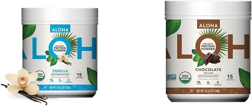 ALOHA Organic Plant Based Protein Powder Bundle, Vanilla 19,6 oz & Chocolate 19,6 oz, 15 Servings Every