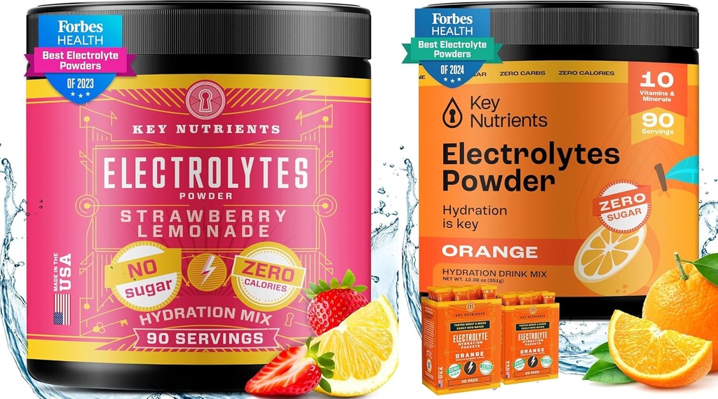 PÕHITOITAINED Elektrolüüdid ja multivitamiini hüdraat Pulber Bundle – Juicy Strawberry Lemonade & Tangy Orange Electrolyte Powders (90 Servings Iga) – Suhkruvaba, Keto-sõbralik, Ilma Kaloriteta