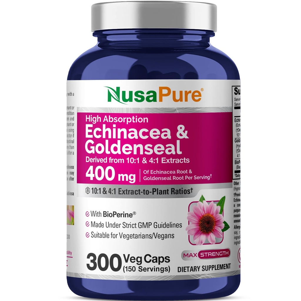 NusaPure Echinacea Goldenseal 200mg, (väljavõte 10: 1, mis vastab 2000mg-le), 200mg, (väljavõte 4: 1, mis vastab 800mg-le) - 2800mg 300 Veggie Caps (vegetarian, Non-GMO, Vegan)