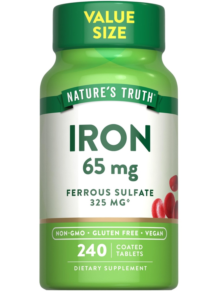 Looduse tõde Raudtabletid 65mg | 240 Count | 325mg Raudsulfaat | Vegan, Non-GMO & Gluteeni tasuta täiendada