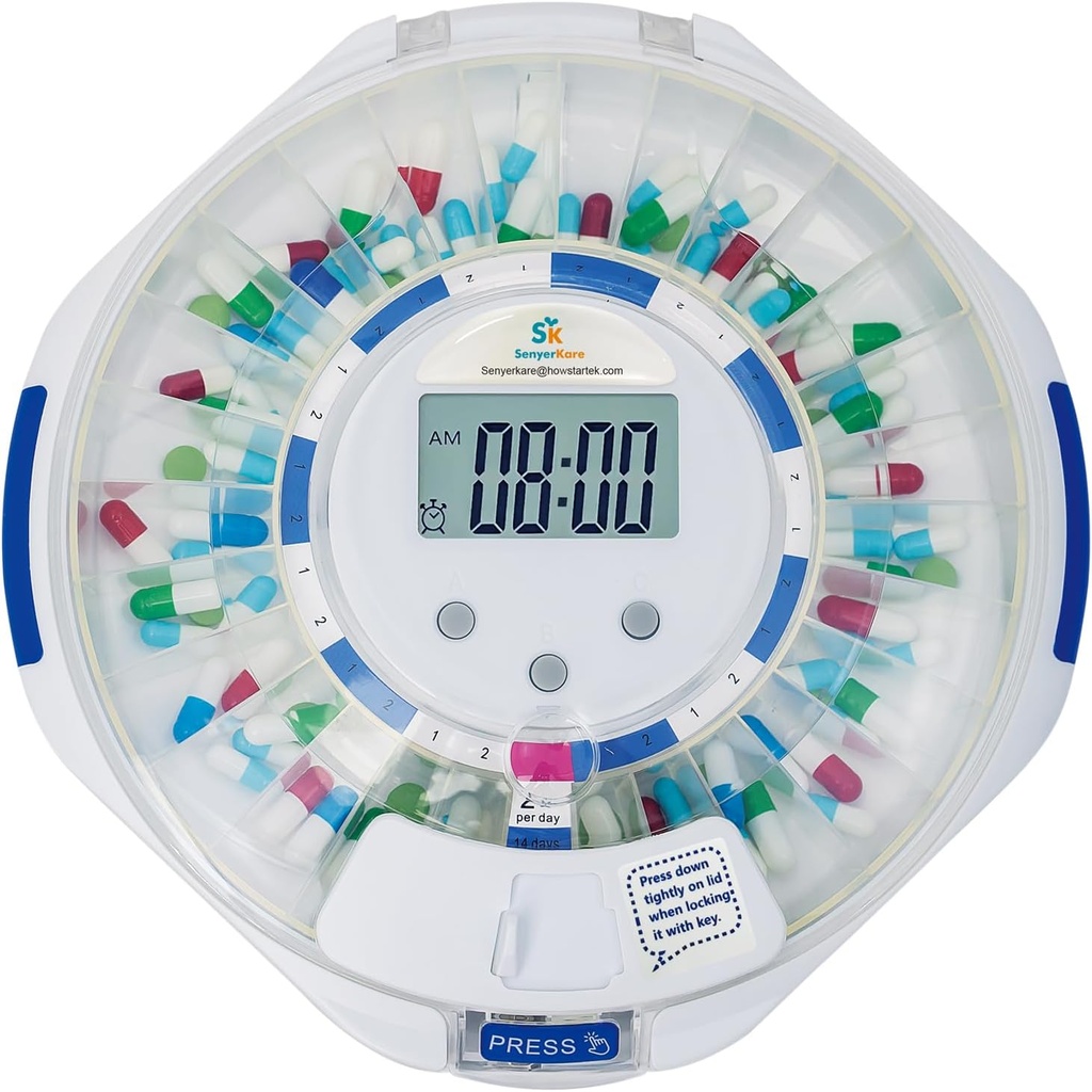 SenyerKare 28-päevane automaatne pillide dispenser koos häire ja Alzheimeri tõvega, Ravimite Organizer w/Easy-Read LCD-ekraan, heli ja valgus ja peamised hoiatused ravimite, vitamiinide, toidulisandite, selge lidi jaoks