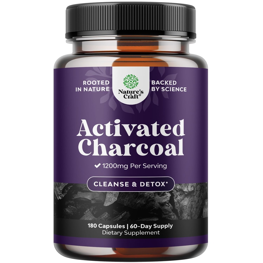 Natures Craft Activated Charcoal Pills Detox & Cleanse - Puhastamine Kookospähkli kapslid 1200 mg Per Serving Puhumiseks Relief - Active Detox Supplement keha ja soolestiku Tervis - 180 Count