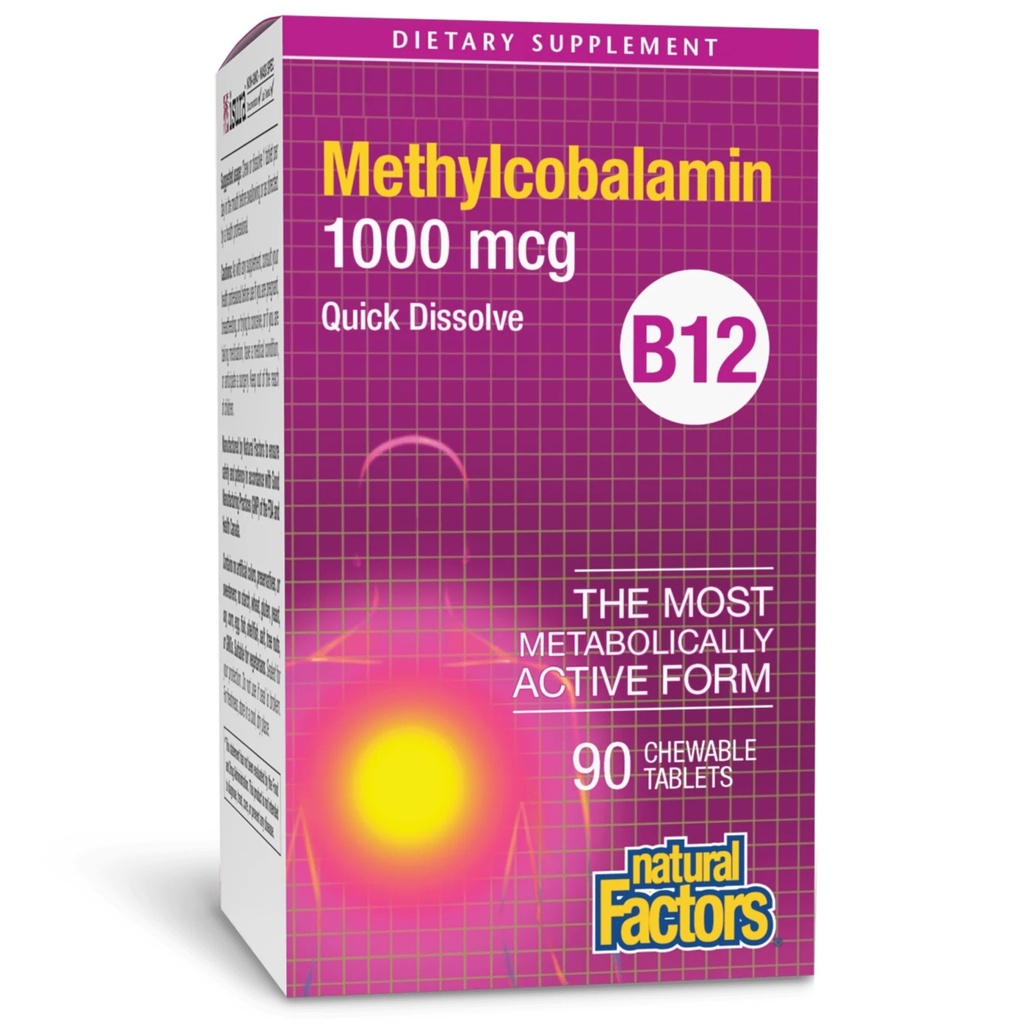 Looduslikud tegurid, vitamiin B12 Metüülkobalamiin 1000 mcg, närimiskõlblik toetus energiale ja immuunsüsteemile, taimetoitlane, gluteenivaba, 90 tabletti (90 portsjonit)