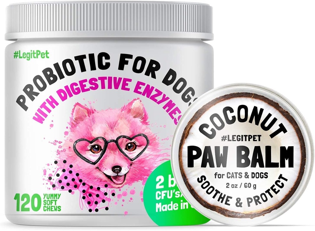 LEGITPET Probiootikumid looduslike seedeensüümidega koertele + prebiootikumid allergia ja sügeleva leevenduse jaoks 120 pehmet närimist ja paw Balm vaha ja niisutavat kreemi loodusliku kookosõliga 2oz