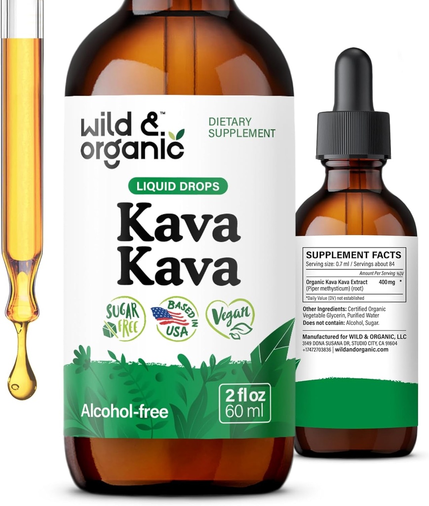 Wild & Organic Kava Kava Tinktuur 400 mg - Mood Support Supplement - Calming Juur Extract Vedeliktilgad - 2-kuuline pakkumine - Vegan, suhkur ja alkoholivabad tilgad - 2 fl oz