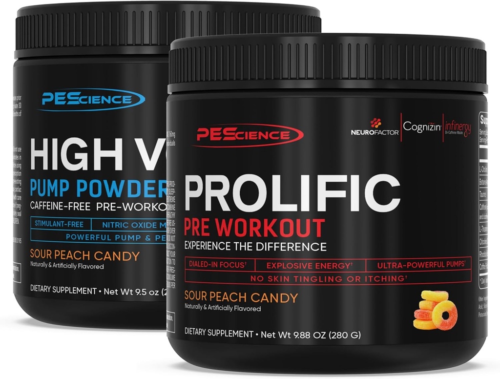 PEScience Pre Workout Stack - Prolific & High Volume, Hapupeach Candy, Lämmastikoksiidi Booster - 40 & 36 Scoops, L Arginiin Nitraat, L tsitrulliin, Pre Workout Powder meestele ja naistele