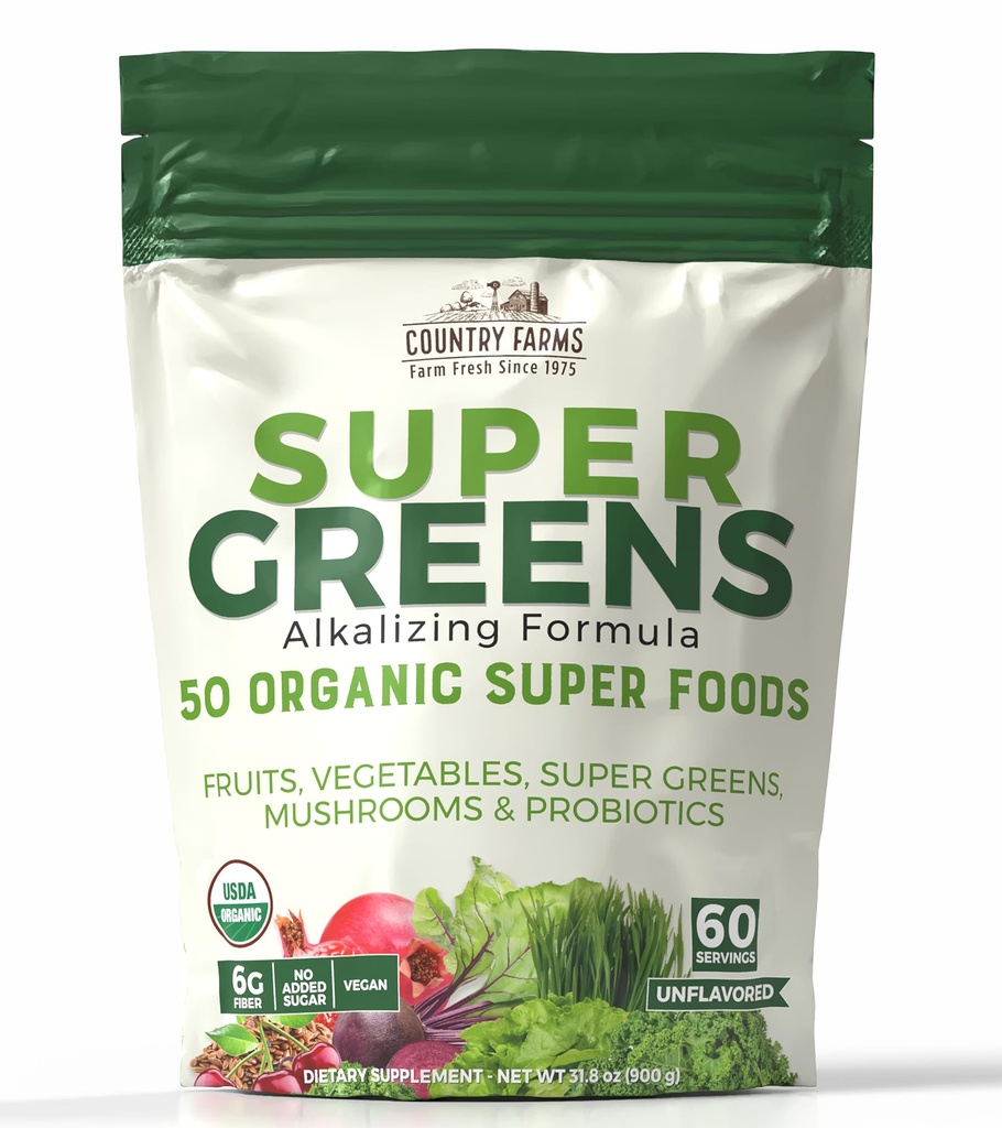 Country Farms Super Greens Natural Maitse, 50 Organic Super Foods, USDA Mahejoogi Segu, Puuviljad, Köögiviljad, Super Rohelised, Kiud, Seened Ja Probiootikumid, Toetab Energiat, 60 Servings, 900g