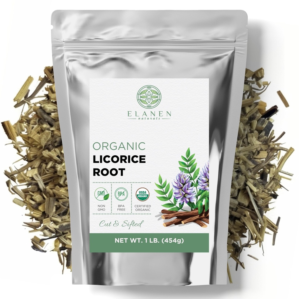 Elanen Naturals Organic Lagriice Root 1 lb. (16 oz.), USDA Certified Organic Lagriice Root Tea, Licourice Bulk Chopped, Laquorice, Raiz de Regaliz Licrice, Glycyrrhiza glabra, Cut & Sifted