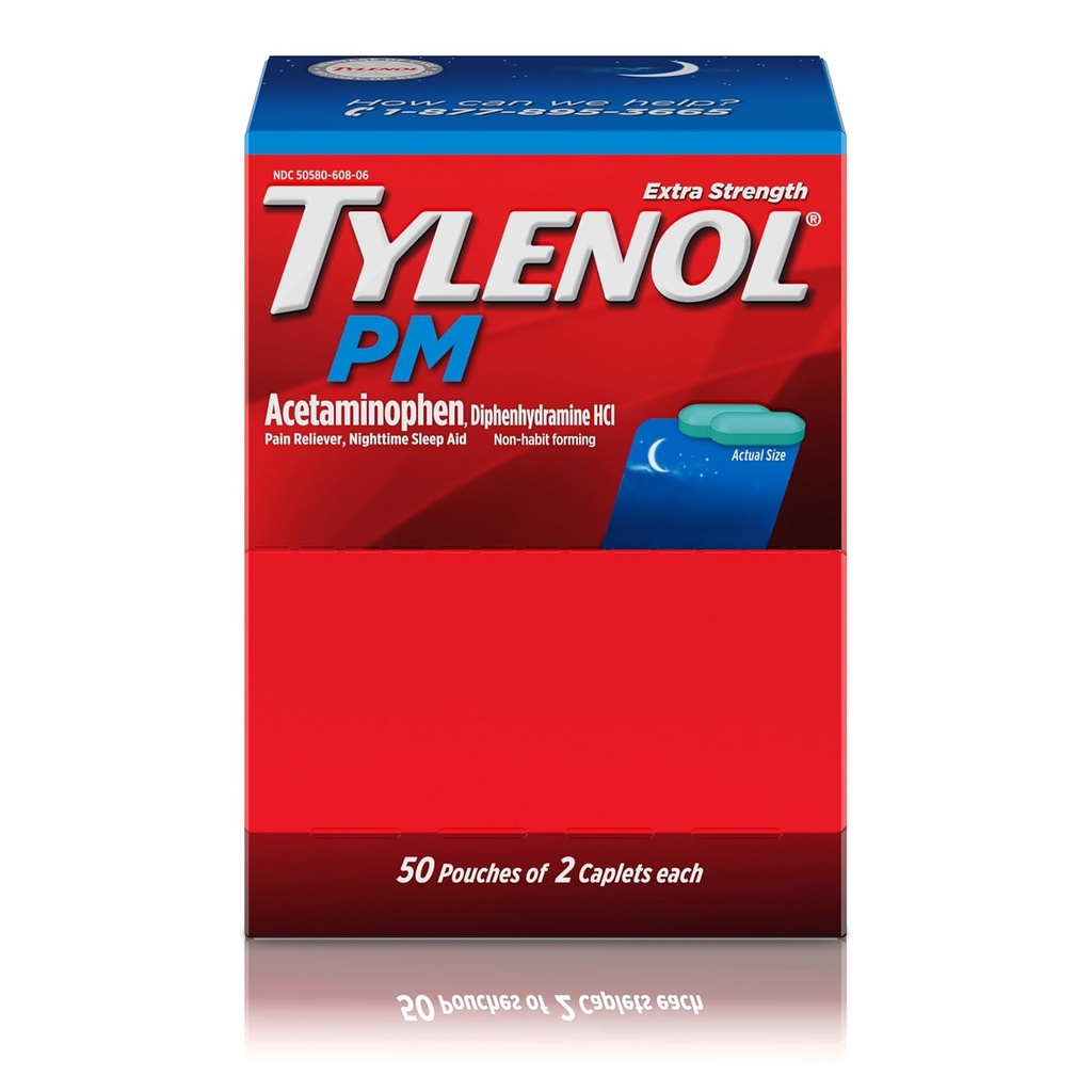 Tylenol PM Extra Tugevus Öine Valu Reliever Uneabi kapslid atsetaminofeeni ja difenhüdramiin HCl, Abi öiste valude ja reisi suurus, 50 pakendit 2 kapslit