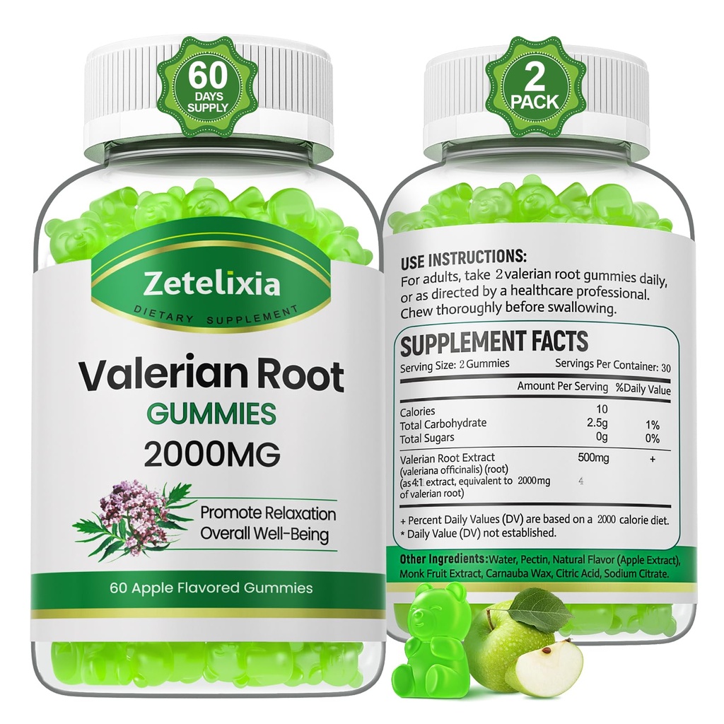 2 Pack Organic Valerian Root Gummies, Taimne täiendus lõõgastumiseks ja meeleolu toetamiseks, Unekummid ilma melatoniinita täiskasvanutele, Vegan, Non-GMO, Apple Maitse, 120 Count