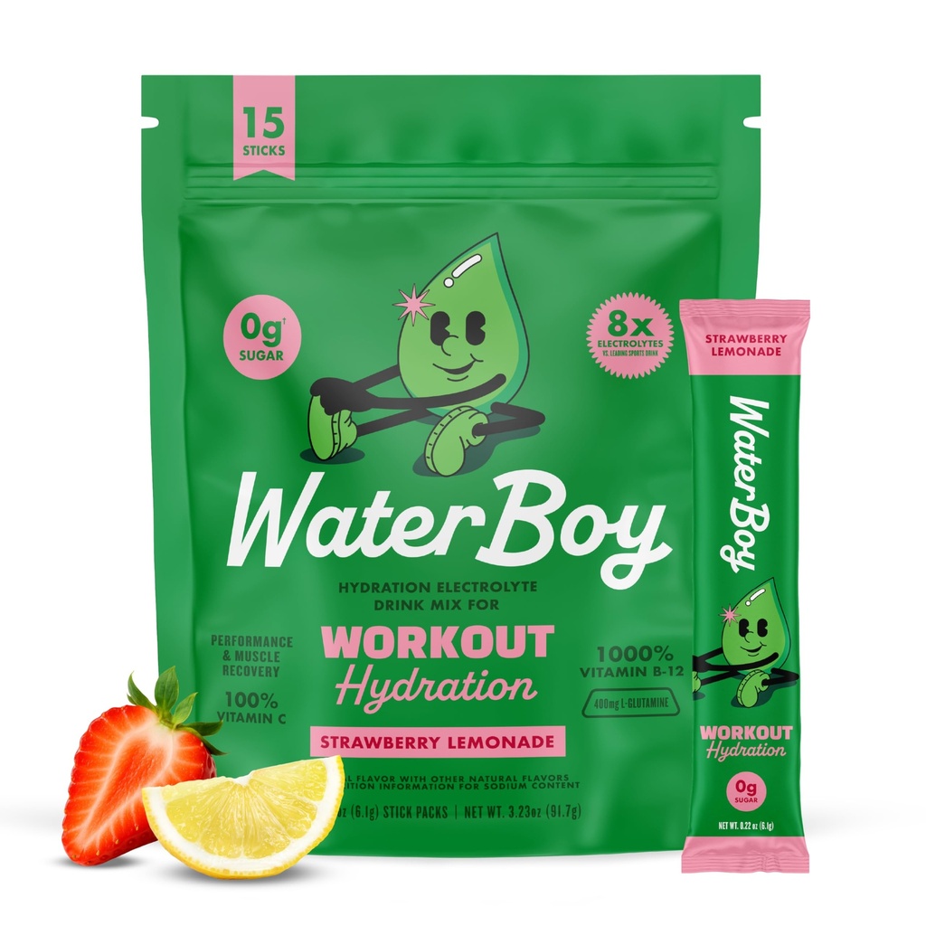 Waterboy Treening Hüdratsioon | 2,960mg Suhkruvaba elektrolüüt Pulber Pakendid | L-Glutamiin + Vitamiinid | Ei Suhkrut, Kõik Looduslikud, Gluteenivaba | 15 Joogipulgasegud (Maasikas Lemonaadi)