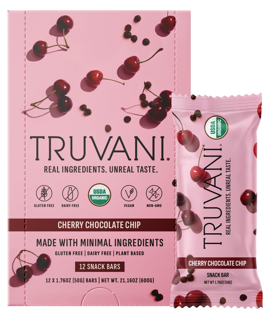 Truvani taimepõhised snack baarid | Cherry Chocolate Chip 12 Pack | 5 g valku | USDA orgaaniline ja vegan | Ainus baar | Piima-, soja- ja gluteenivaba | Individuaalselt pakitud