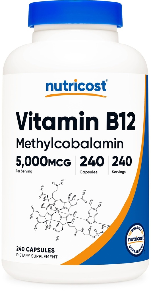 Nutrikostiin Vitamiin B12 (metüülkobalamiin) 5000 mg, 240 kapslit - taimetoitlased kapslid, mitte-GMO, Gluteenivaba B12 täiendus