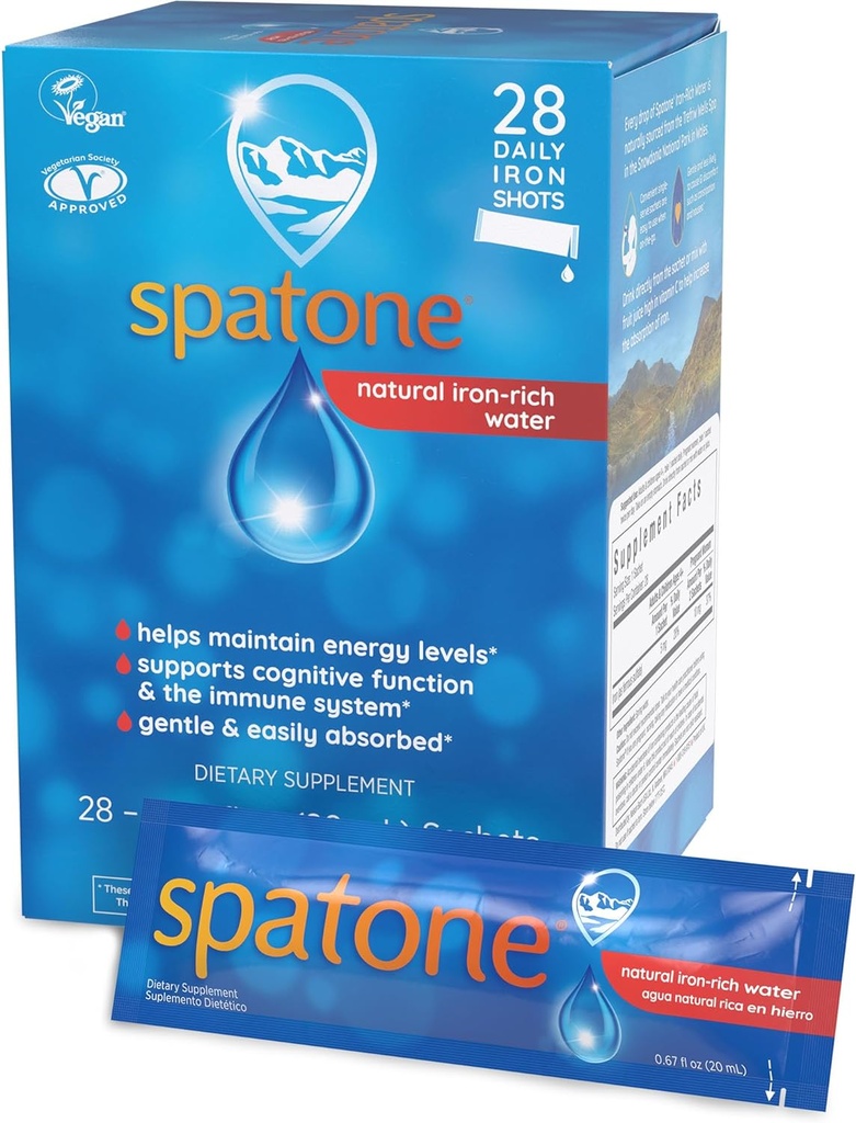 Spatone Natural Vedel Raud Täiendus Naistele - Mehed ja lapsed vanuses 4+ - Ideaalne raseduse ajal - Kergesti imenduv ja õrn - Vegan - Taimetoitlane - Algne maitse - 28-päevane - 5 mg Raud Per 20ml kotike