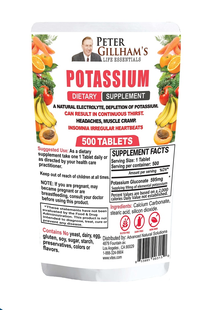 Peter Gillham's Life Essentials Kaaliumglükonaadi tabletid 595mg, 500 tabletti, toetavad elektrolüütide tasakaalu, valmistatud USA-s (Pakett võib varieeruda)