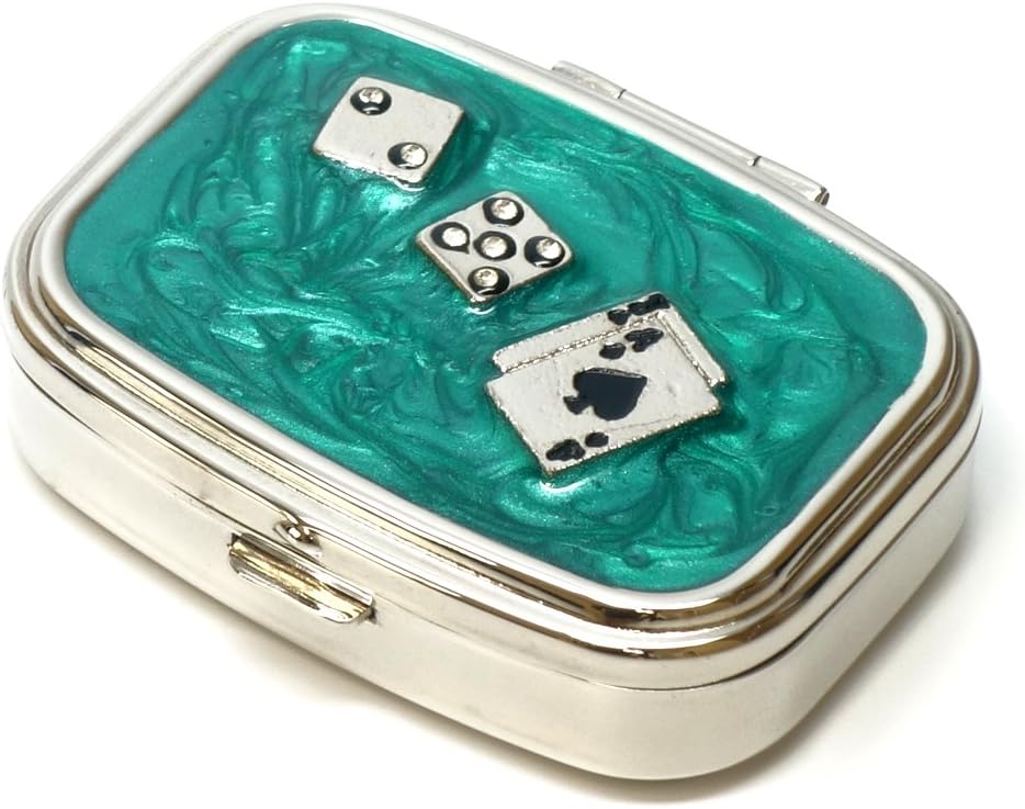9338 Ristkülikukujuline väike pillikarp Korraldaja Aqua Green Silver Poker & Dice Naised Travel Pill Case Purse Taskukonteiner Päevane kaasaskantav meditsiin Vitamiinkarp Ravimite täiendus Mini säilitamine