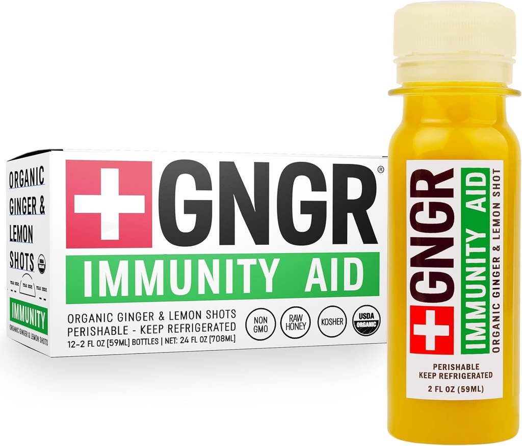 +GNGR Immuunsusabi Orgaaniline ingver, Sidrun & Honey Shot - külmpressitud ingveri kaadrid Echinacea, Sidrunimahl, Honey, Tsink & Vitamiin D3, Immune & Seedetrakti tugi 2 fl oz (Pack of 12)