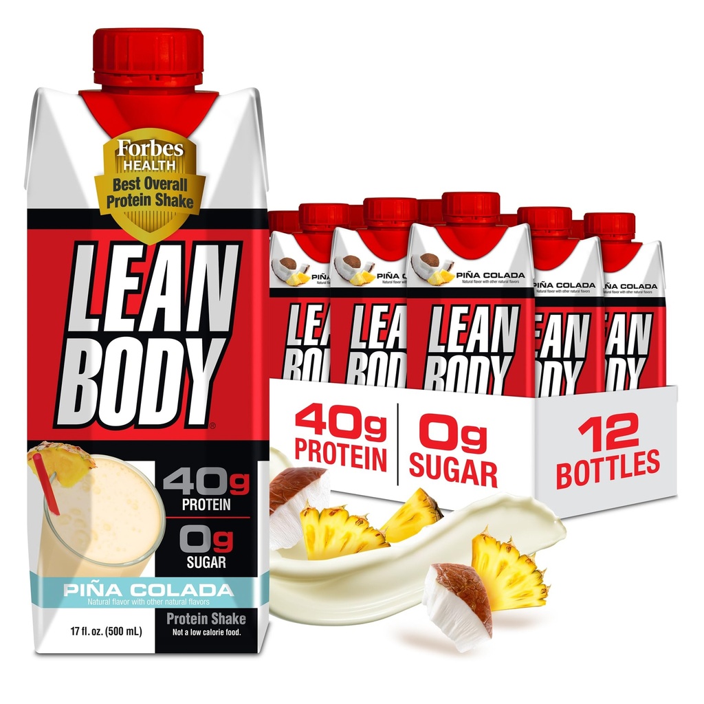 Lean Body Ready-to-Drink Pina Colada Protein Shake, 40 g valku, vadakusegu, 0 Suhkur, Gluteenivaba, 22 vitamiinid ja mineraalid, 17 Fl Oz (Pack of 12)