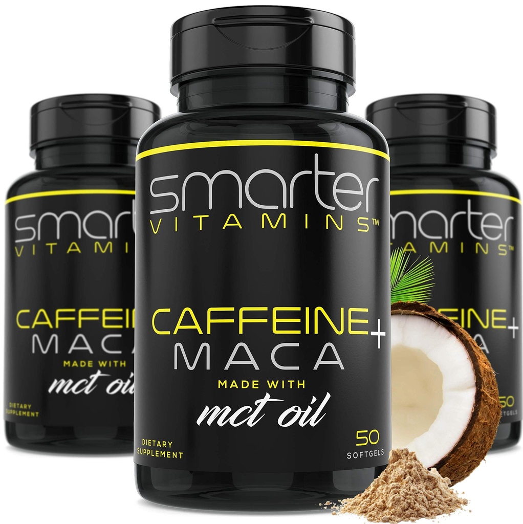 (3 Pack) Nutikamad energia pillid, 200 mg kofeiini ja kookospähkli MCT Maca juurega õli, 150 vedelat softgelit