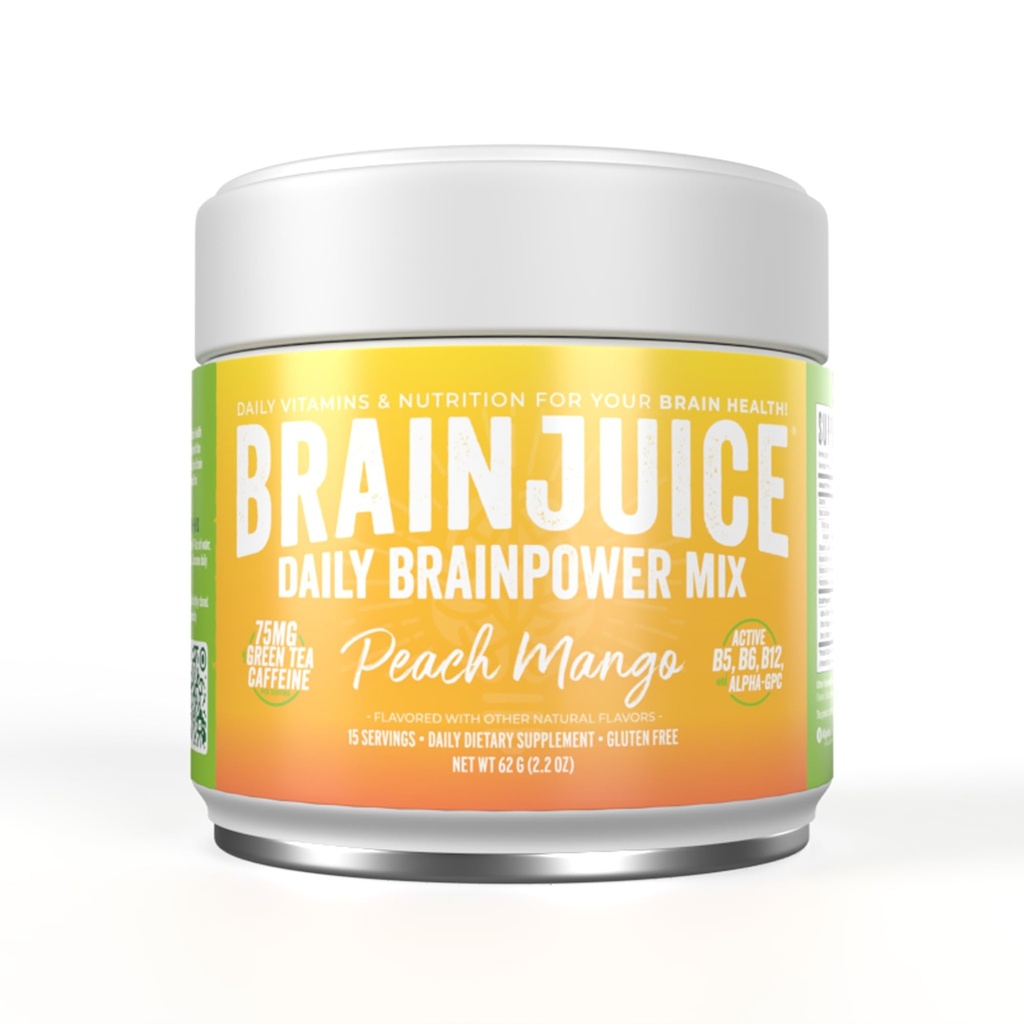 BrainJuice Nootropics Brain Support Supplement, Gluten Free Powder for Energy and Focus, Drink Mix with L Theanine, Alpha GPC, Vitamiin B, Organic Green Tea Extract Kofeiin, Peach Mango, 15 Servings