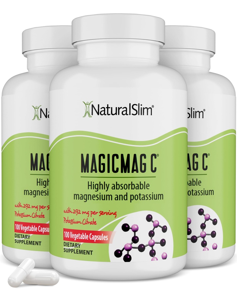 MagicMag C poolt NaturalSlim, Magneesiumtsitraat kaaliumiga lihaste lõõgastamiseks, une kvaliteet, närvifunktsiooni ja elektrolüütide tugi, igapäevane magneesiumilisa meestele ja naistele, 100 kapslit 3pk