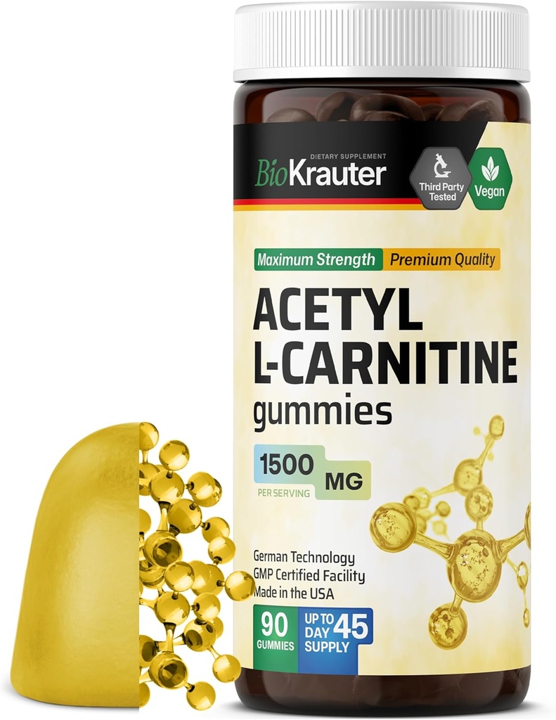 BIO KRAUTER Atsetüül L Karnitiinkummied - 1500 mg Tugevus - 90 Vegan närimist - Aminohappe atsetüül L-karnitiini lisand - pektiinipõhine, mitte-GMO