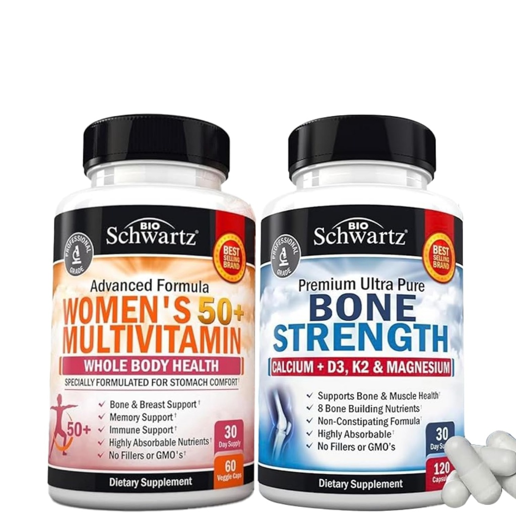 BioSchwartz igapäevane multivitamiin naistele 50 ja üle (1 kuu pakkumine) Plus luu tugevus mineraalide lisand kaltsiumi ja magneesiumiga (1 kuu pakkumine)