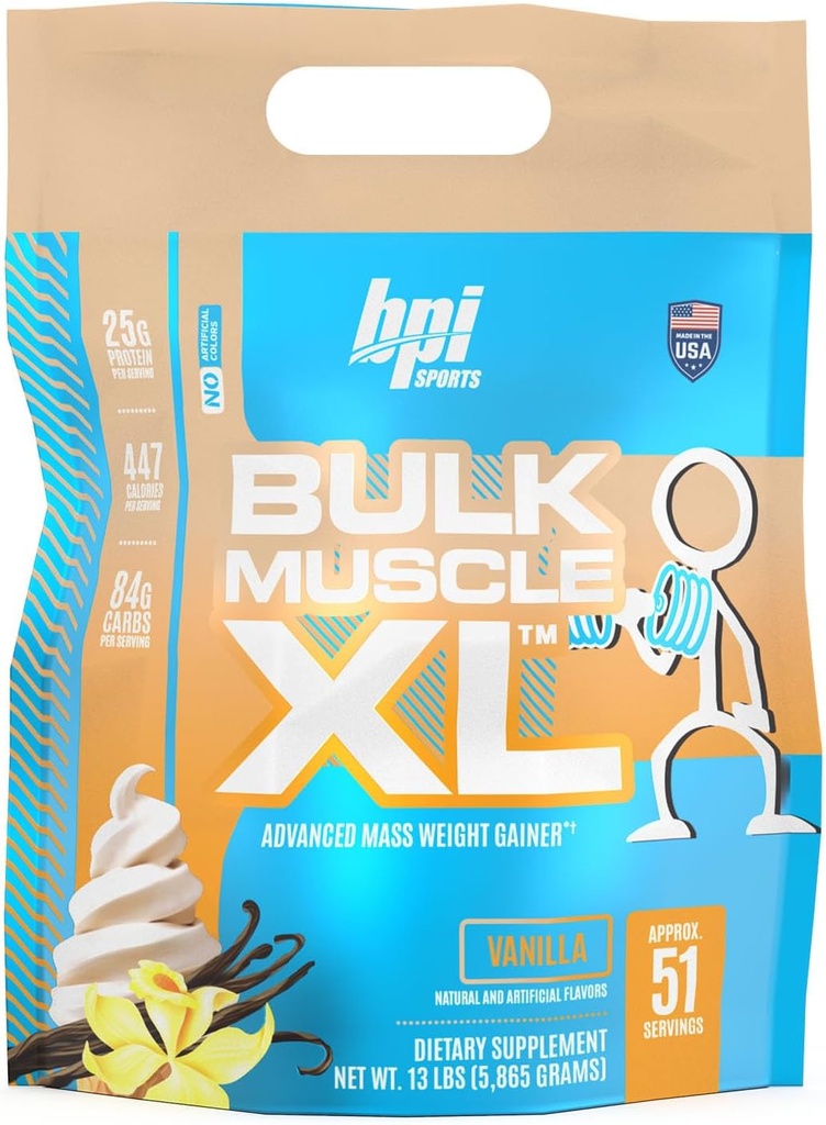 BPI Sport Bulk Muscle XL - Advanced Mass Weight Gainer tõsiste lihaste ehitamiseks ja taastamiseks, 25 g valku ja 497 kalorit serveerimise kohta - šokolaad, 13lb Bag (13lb, Vanilla)