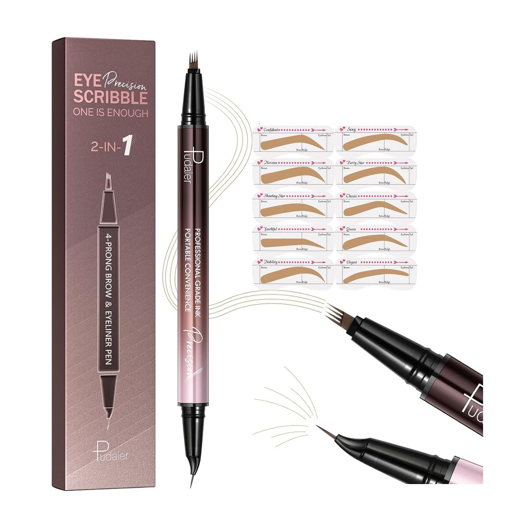 2-in-1 kumerad kulmupliiatsid ja silmapliiatsid 10Pcs kulmude trafarettidega, Microblading kulmupliiats 4 Fork-Nip ja kõverdatud täpne näpunäide, veekindel ja pikk kestev kulmupliiatsid naistele, Light Blond