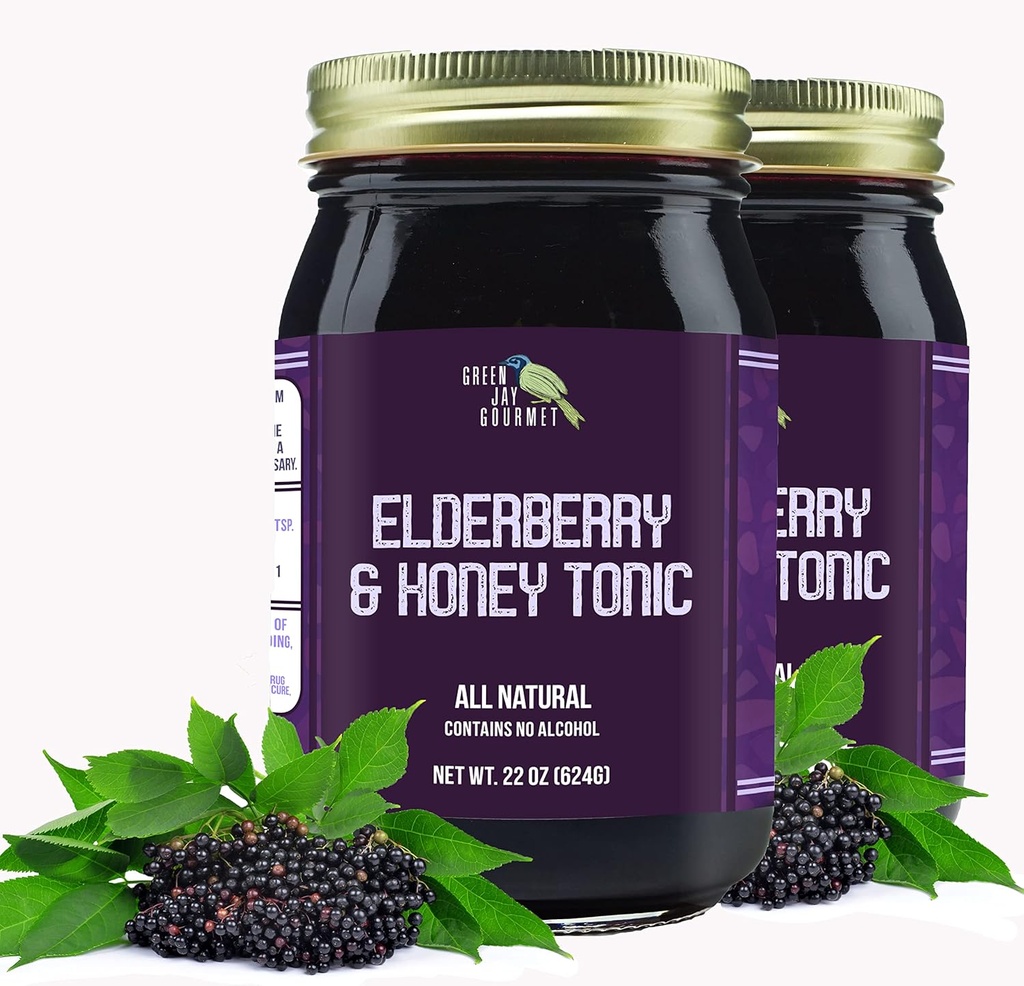 Green Jay Gourmet Elderberry Tonic - All Natural Elderberry Syrup - Elderberry Immune Support for Kids & Adults - Powerful Elderberry & Honey Blend - Sambucus Elderberry Syrup - 2 x 22 Ounces