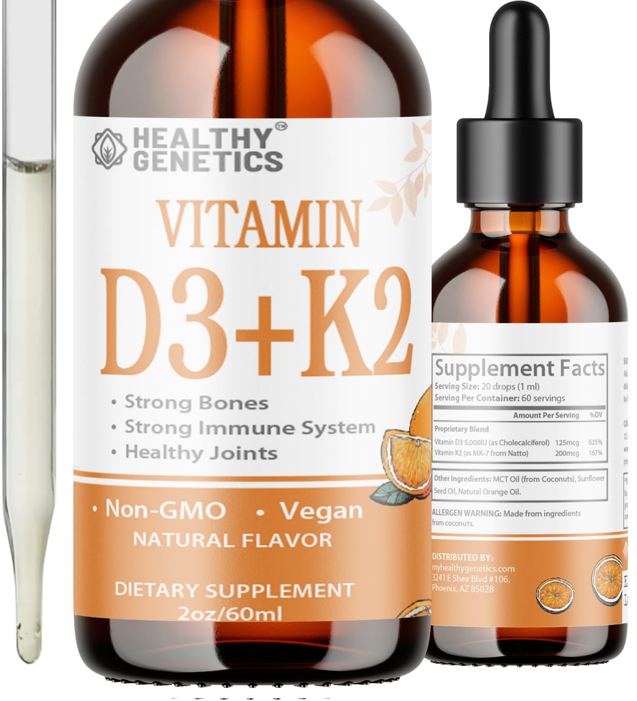 Vedel Vitamiin D3 K2 Plus Vitamiin K2 MK-7 | 5000 IU D-vitamiini Vedeliktilgad | Luud | Immuunsus | Südame tervis | Suurenda energiat 2oz