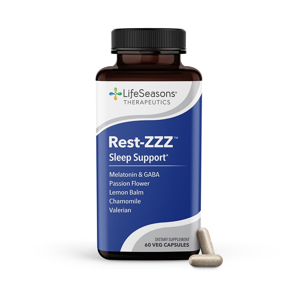 LifeSeasons Rest-ZZZ - Natural Sleep Support Supplement - Fall Asleep & Stay Asleep - Calms Närvisüsteem - Kergendada lihaspinget ja rahutust - Madal annus Melatoniin GABA & kummel - 60 kapslit