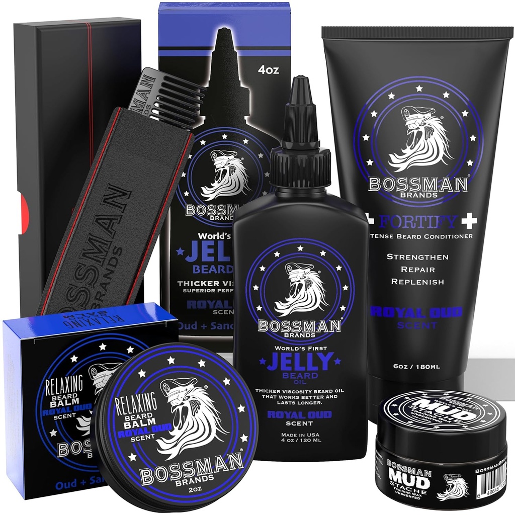 Bossman Complete Beard Kit – meeste habemeõli tarretis, duši konditsioneer, Balm, Mustache Wax & Comb – Beard Softener & Grooming Care – Meeste kinkekomplekt (Royal Oud Scent)