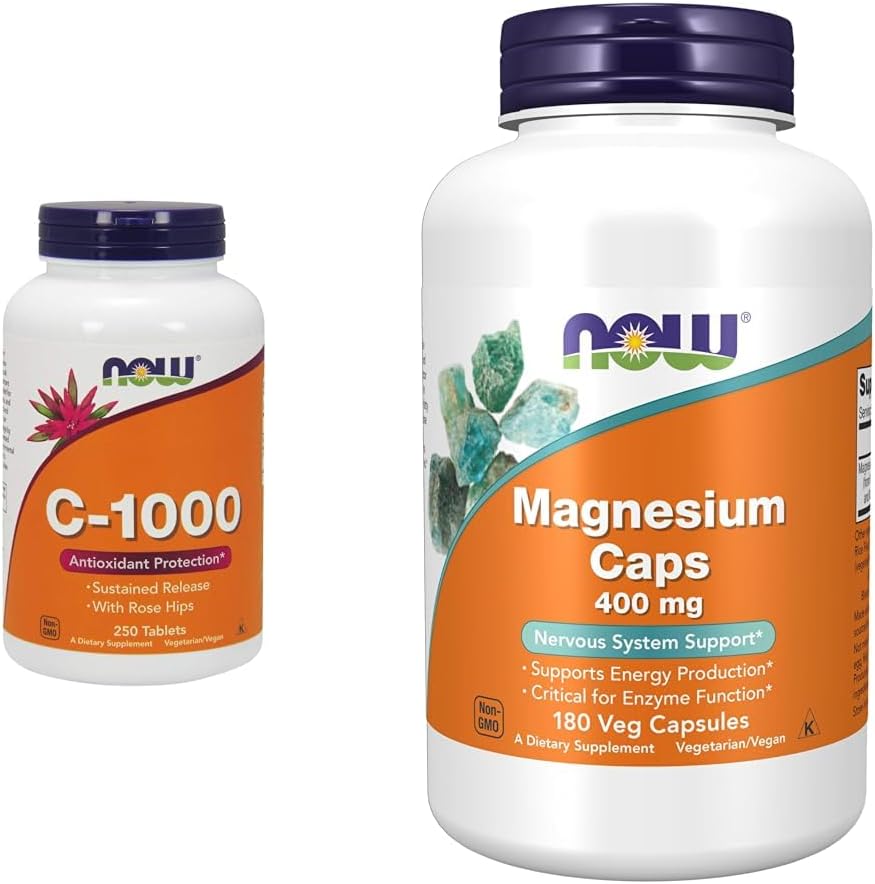 NOW Supplements, C-1,000 vitamiin koos Rose HIPS-iga, püsiv vabanemine, antioksüdantide kaitse *, 250 tabletti ja täiendust, magneesium 400 mg, ensüümi funktsioon *, närvisüsteemi tugi *, 180 Veg kapslit