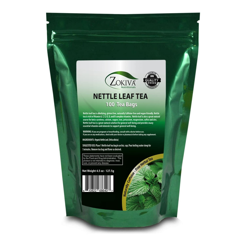 Zokiva Nutritionals - Nettle Leaf Tea Bags Mega Pack - 100 Premium Quality Mugav Orgaaniline Taimne Teekotid - Kofeiinivaba ja vegan-sõbralik taassuletav Stand Up Zip Lock Pouch
