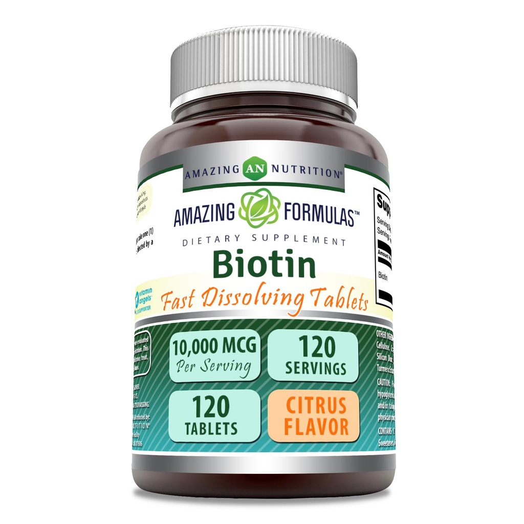 Hämmastav valem Biotiin 10 000 mcg | Kiiresti lahustuvad tabletid | Mitte-GMO | Gluteenivaba toidulisand | valmistatud USAs (Citrus | 120 tabletti)