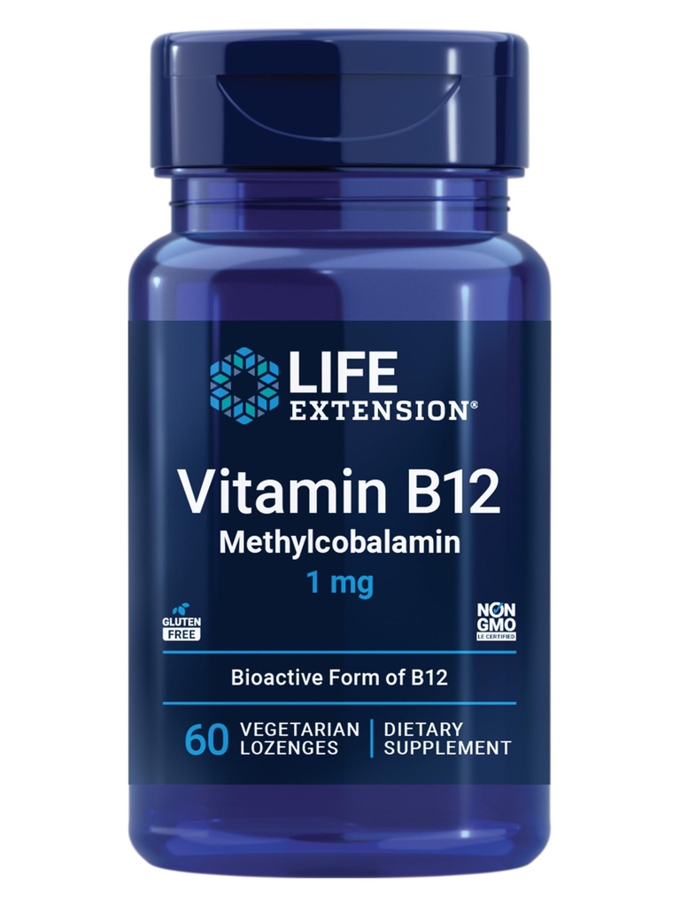 Elu pikendamine Vitamiin B12 Metüülkobalamiin, närvide tervise täiendus, kognitiivne tugi, energiavitamiin, metüülkobalamiin B12, 1 mg, kiire lahustamine, taimetoitlane, 60 lozenges
