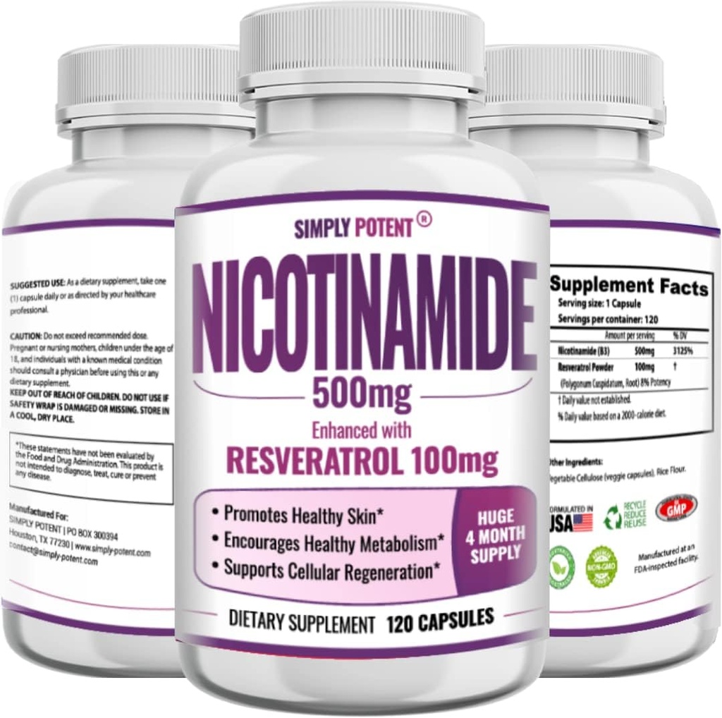 Nikotiinamiid 500mg koos Resveratrooliga 100mg - 120 Veggie kapslit - vitamiini B3 toidulisandid NAD, naharakkude tervise ja energia toetamiseks
