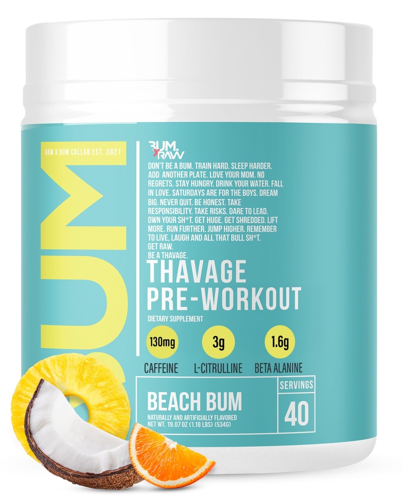 RAW Pre Workout Powder, Thavage (Beach Bum) - Chris Bumstead Sports Nutrition Supplement for Men & Women - Cbum Pre Treening Out, Hüdreerimine, Vaimne Fookus & Energia - 40 Servings