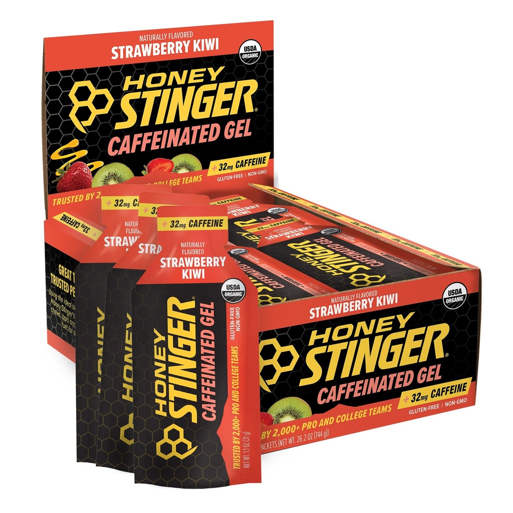 Honey Stinger Strawberry Kiwi energiageel, kofeiinivaba ja gluteenivaba orgaanilise meega, treeninguks, jooksmiseks ja jõudluseks, spordi toitumine kodus ja jõusaalis, Pre ja keskmine treening, 24 Pack