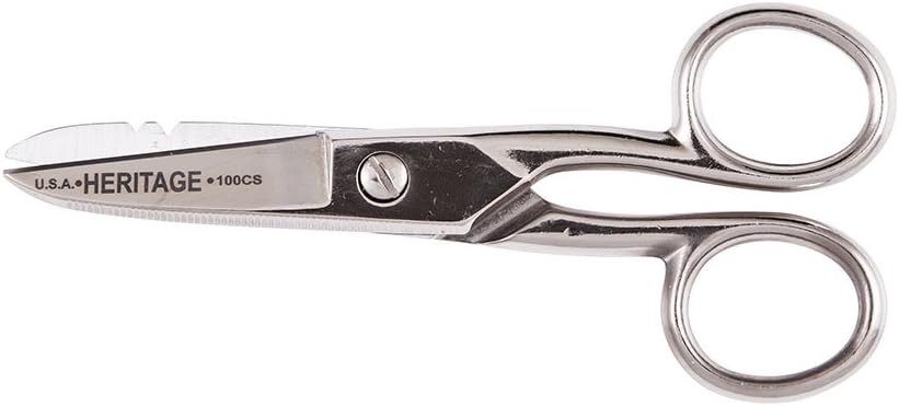 Klein Tools G100CS Käärid, valmistatud USA-s, elektrikäärid, millel on triibulised täpid ja sarustatud plaat, 5-1/4 tolli